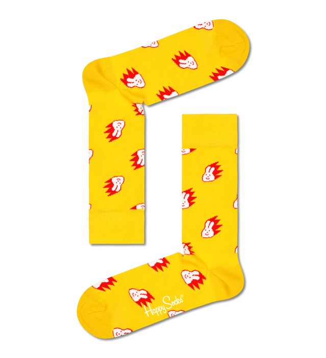 Yellow Sock With Red Bunny Faces Adult Sock Size (41-46)