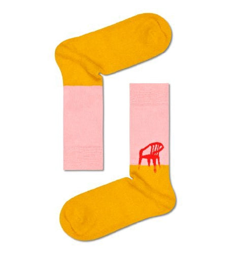 Pink and Yellow Fluffy Sock With a Red Chair Adult Sock Size (41-46)