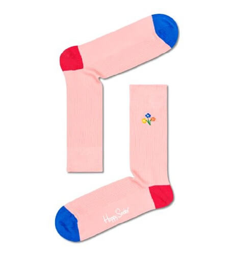 Happy Socks Light Pink Ribbed Sock With Embroided Bouquet Adult Sock Size (41-46)
