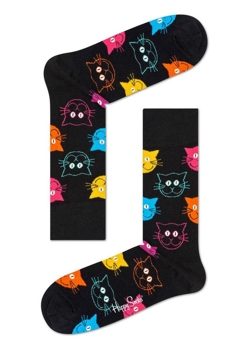Happy Socks Black Sock With Colourful Cat Faces Adult Sock Size (41-46)