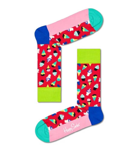 Happy Socks Red Socks With Colourful Ice Cream Adult Sock Size (41-46)
