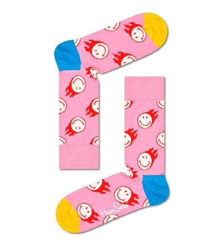 Pink Sock With Red and White Flaming Smiley Adult Sock Size  (41-46)